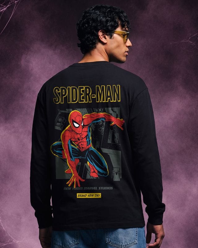 Bewakoof Men's Black Spiderman Comic Graphic Printed Oversized T-shirt Bewakoof sale