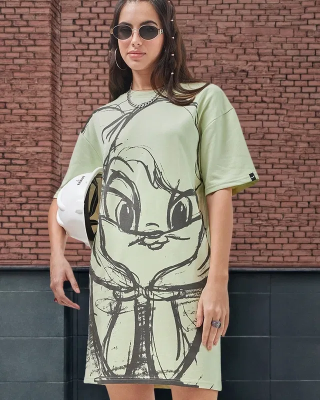 Bewakoof Women's Green Lola Pose Printed Oversized T-Shirt Dress Bewakoof sale