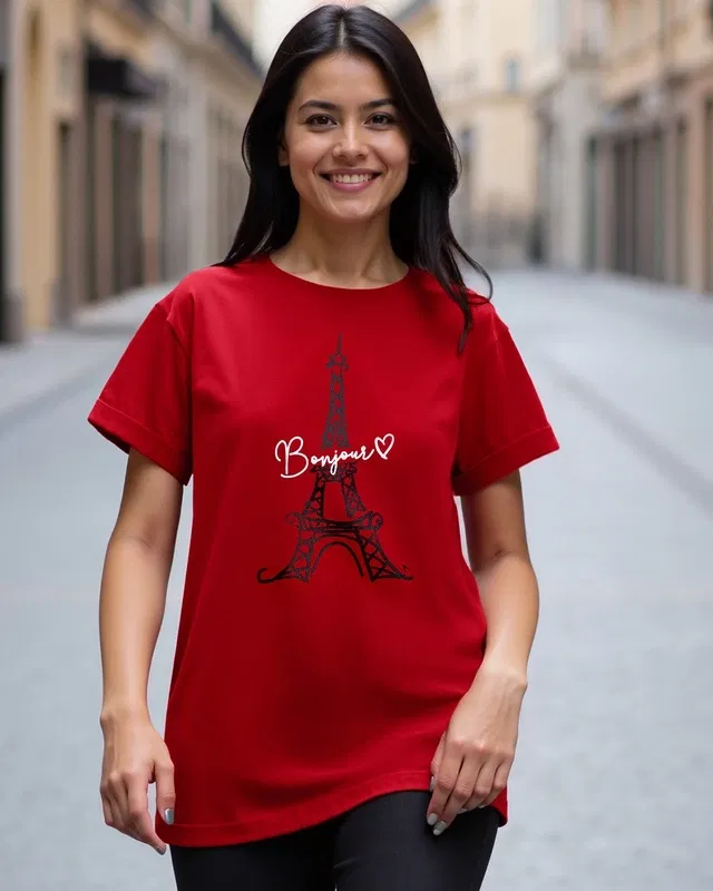 Bewakoof Women's Red Bonjour Paris Boyfriend T-shirt Bewakoof sale