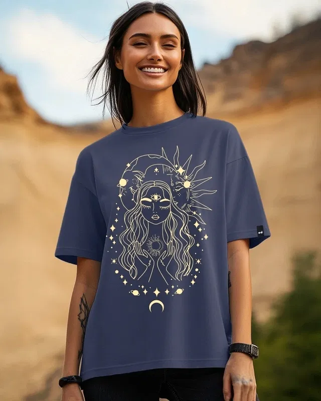 Bewakoof Women's Blue Stardust Soul Oversized T-shirt Bewakoof sale
