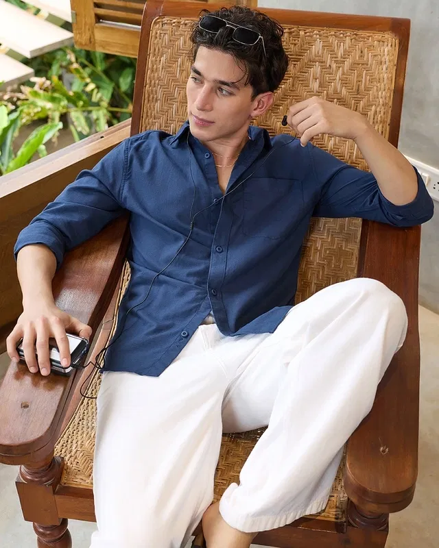 Bewakoof Men's Navy Blue Cotton Linen Shirt Bewakoof sale