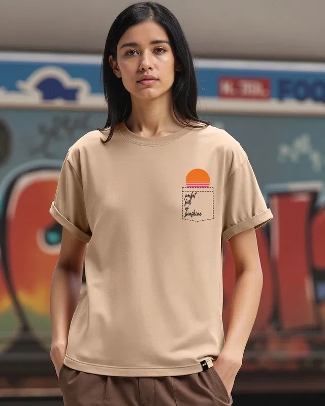 Bewakoof Women's Ginger Root Brown Pocket Shine Boyfriend T-Shirt Bewakoof sale