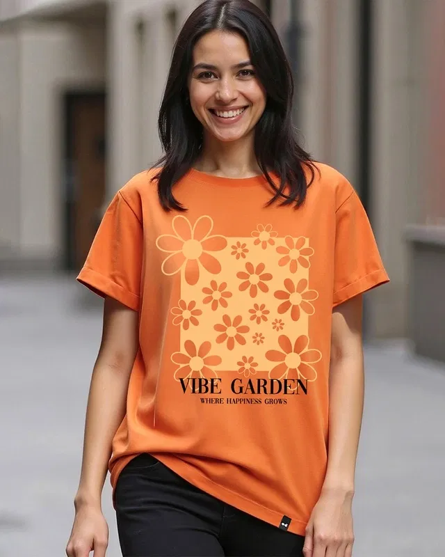 Bewakoof Women's Caramel Orange Vibe Garden Boyfriend T-Shirt Bewakoof sale