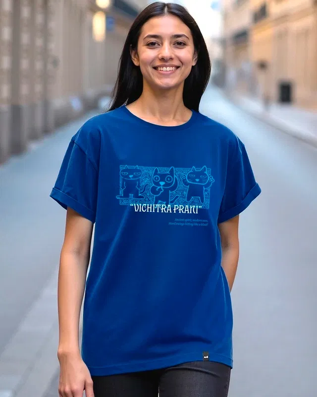 Bewakoof Women's Blue Vichitra Prani Graphic Boyfriend T-Shirt Bewakoof sale