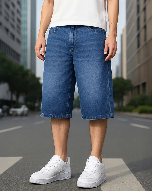 Bewakoof Men's Blue Washed Baggy Fit Shorts Bewakoof sale