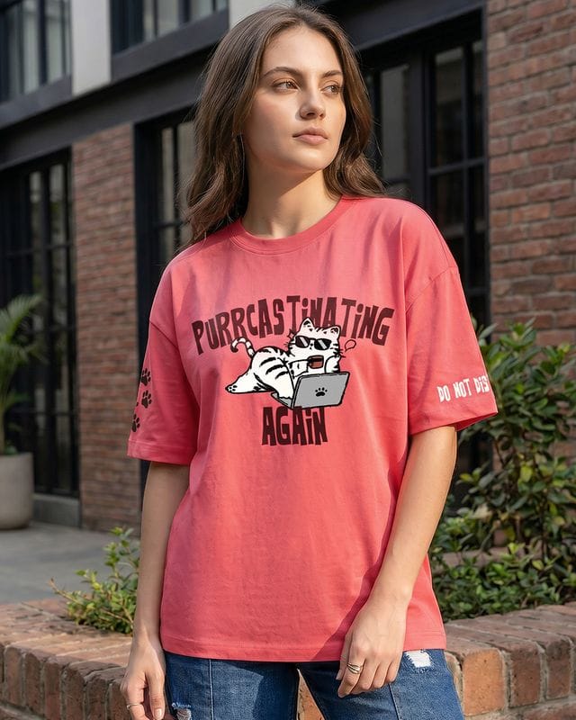 Bewakoof Women's Deep Sea Coral Pink Purrcastinate Graphic Printed Oversized T-shirt Bewakoof sale