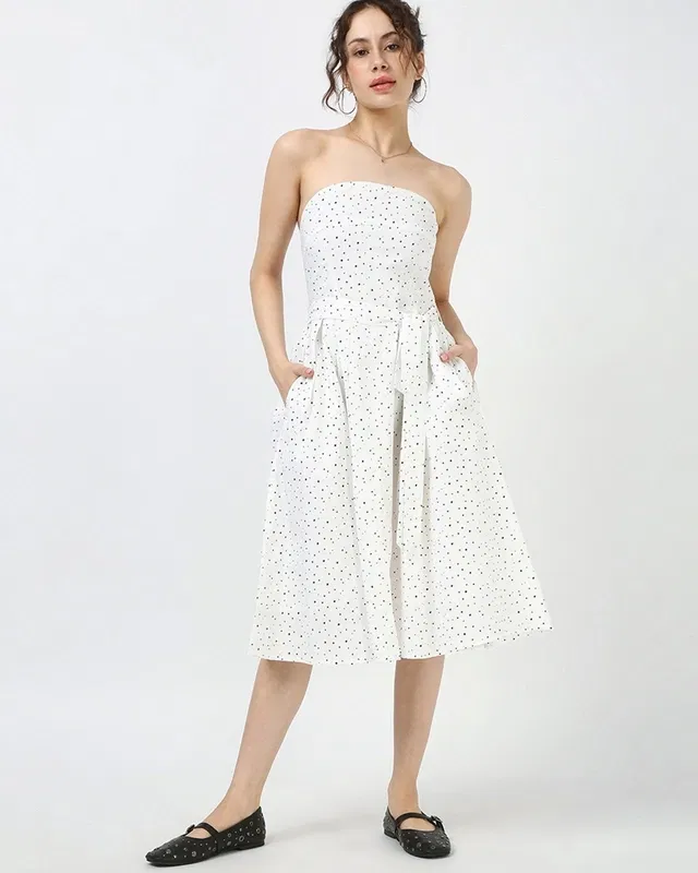 Bewakoof Women's White All Over Dots Printed Flared Midi Dress Bewakoof sale