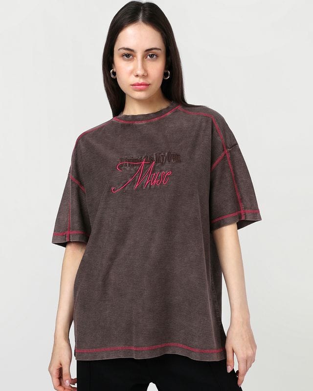 Bewakoof Women's Brown Embroidered Oversized Acid Wash T-shirt Bewakoof sale