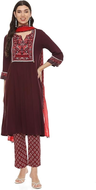BIBA Burgundy Rayon Kurta Pant Dupatta Set