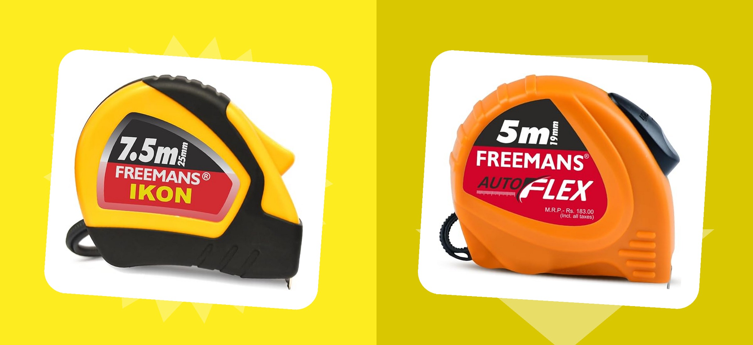 Two steel pocket measuring tapes from this read of Amazon's shelf, in their own listing photographs - the right-hand case carries the printed M.R.P. this page checks