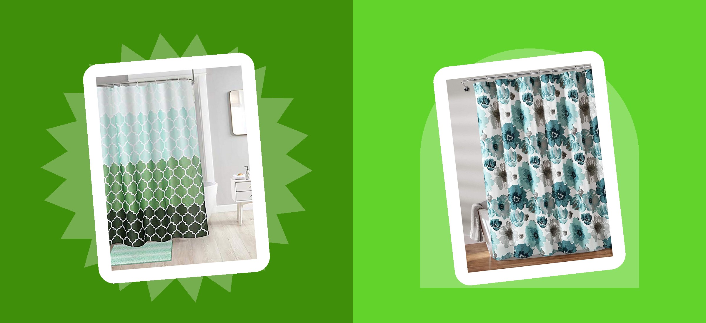 Two shower curtains from this read of Myntra's shelf, in their own listing photographs - the category the title names
