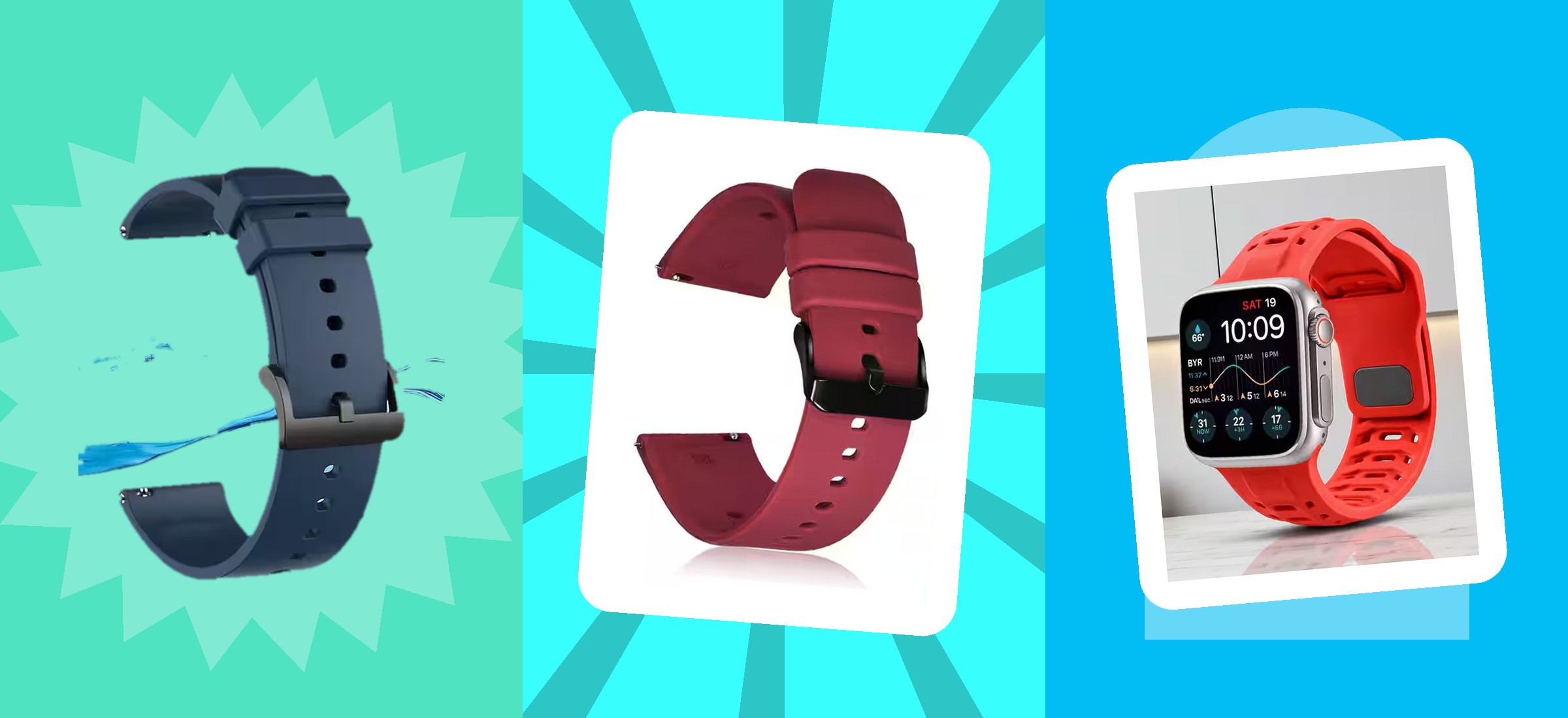 Three silicone watch straps from this read of the Myntra and AJIO shelves, in their own listing photographs - the category the title names