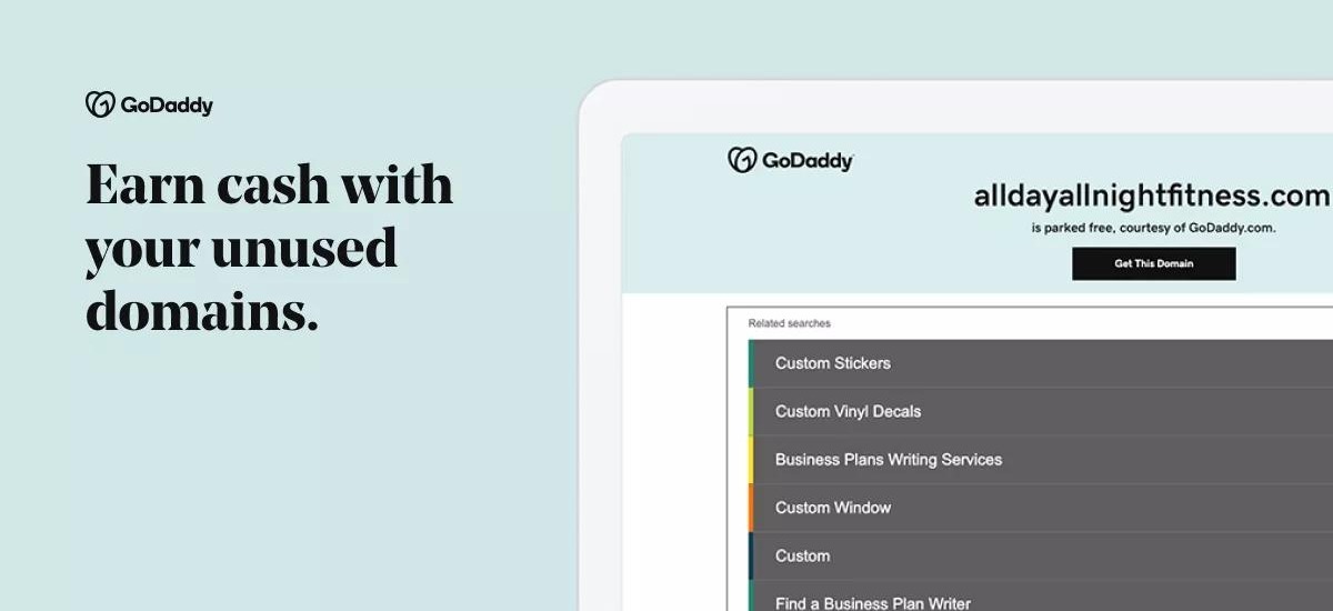 GoDaddy's own published CashParking product graphic, showing the parked search-results page this agreement governs - the service the title names
