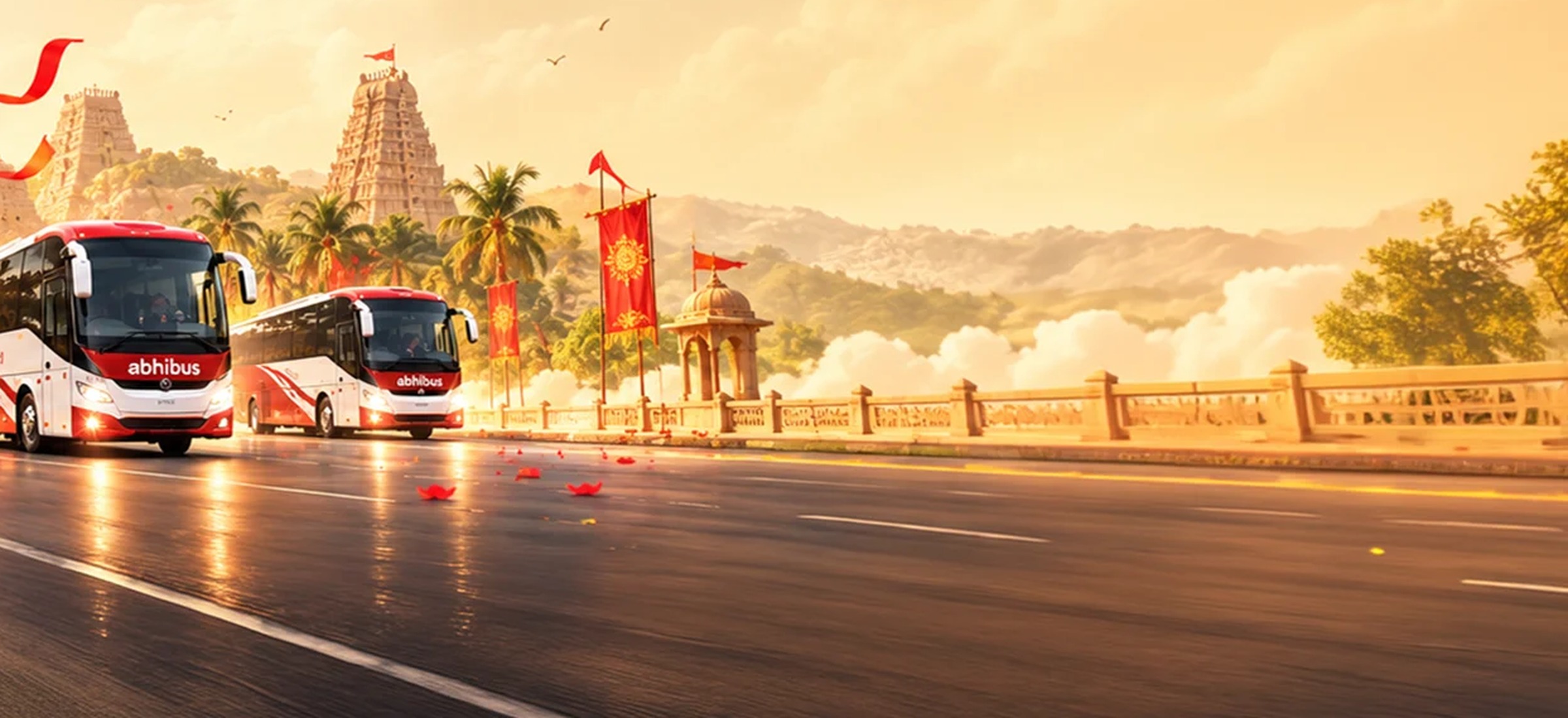 AbhiBus's own brand artwork of two AbhiBus-branded coaches on a road, cropped from its homepage header - the operator whose privacy notice this page reads