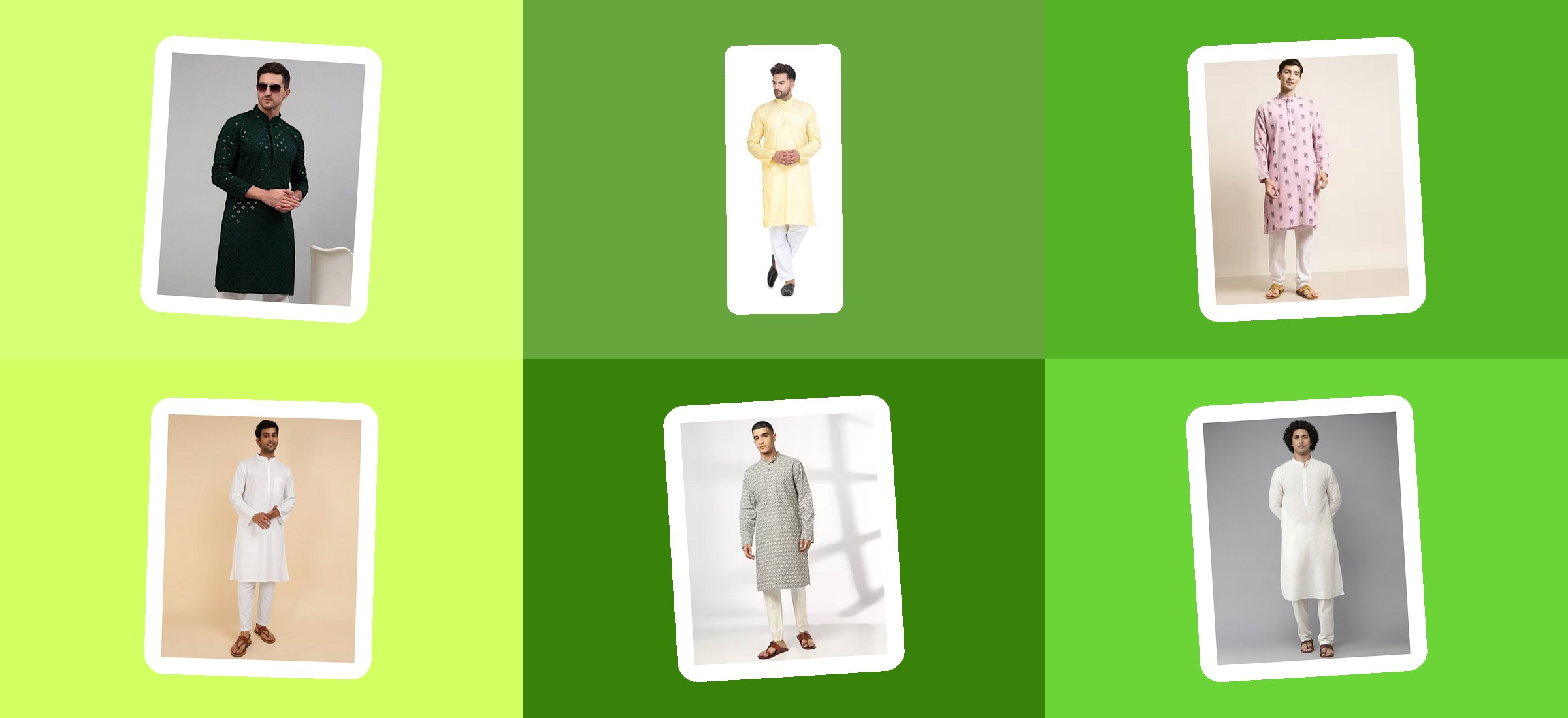 Six adult men's kurta pyjama sets from this read, shown in their own AJIO listing photographs on a colour-block panel - the men's ethnic sets the title leads with, no kidswear in the frame