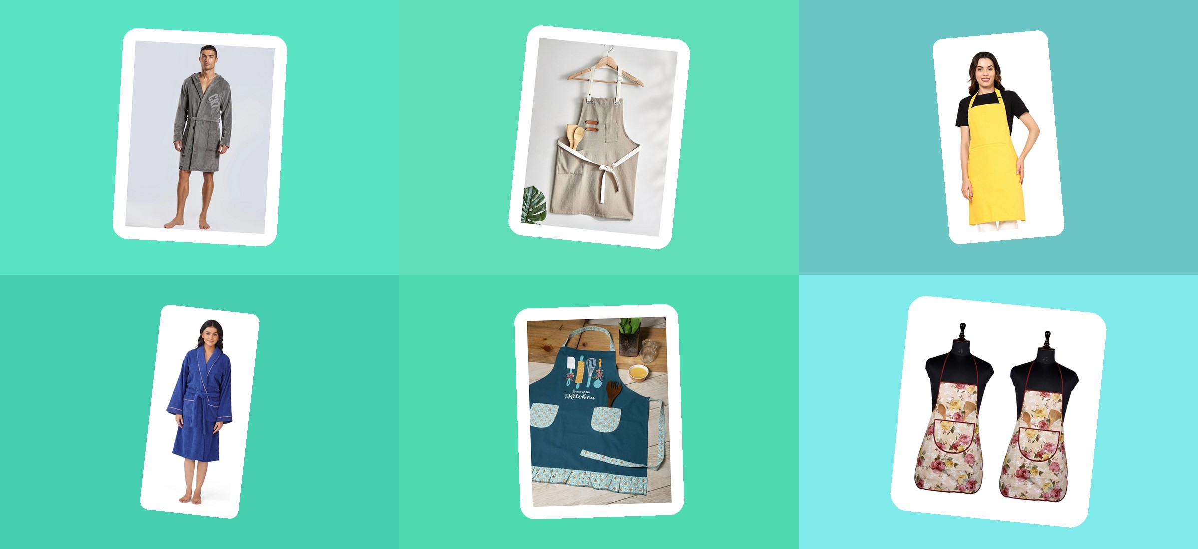 Aprons and bath robes from this read, shown in their own Myntra listing photographs on a colour-block panel - the two categories the title names, led by the CR7 bath robe