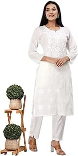 PESAS White Pure Cotton Chikan Straight Kurta Amazon sale