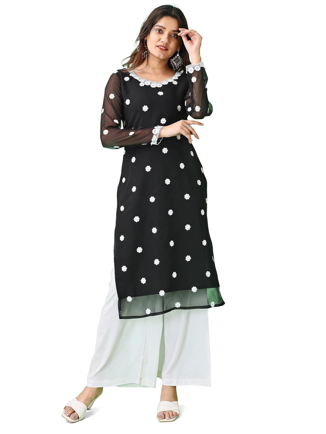 HESVI Georgette Kurti with White Chikankari Work Amazon sale