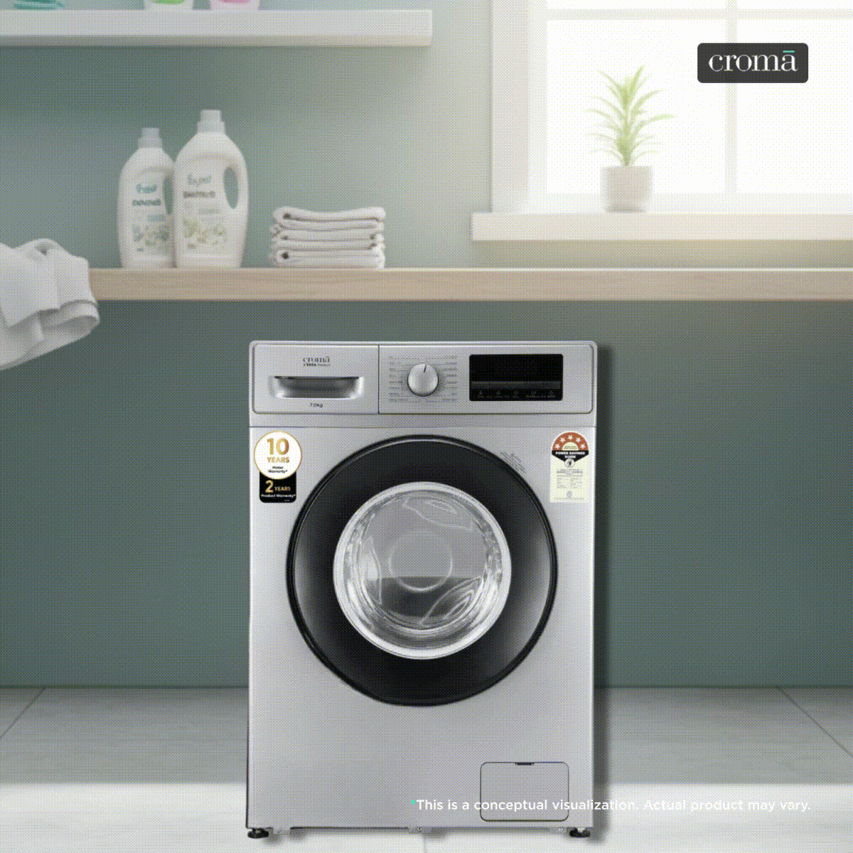 Croma 7 kg 5 Star Inverter Fully Automatic Front Load Washing Machine (2025 Model, Built in heater, Croma sale