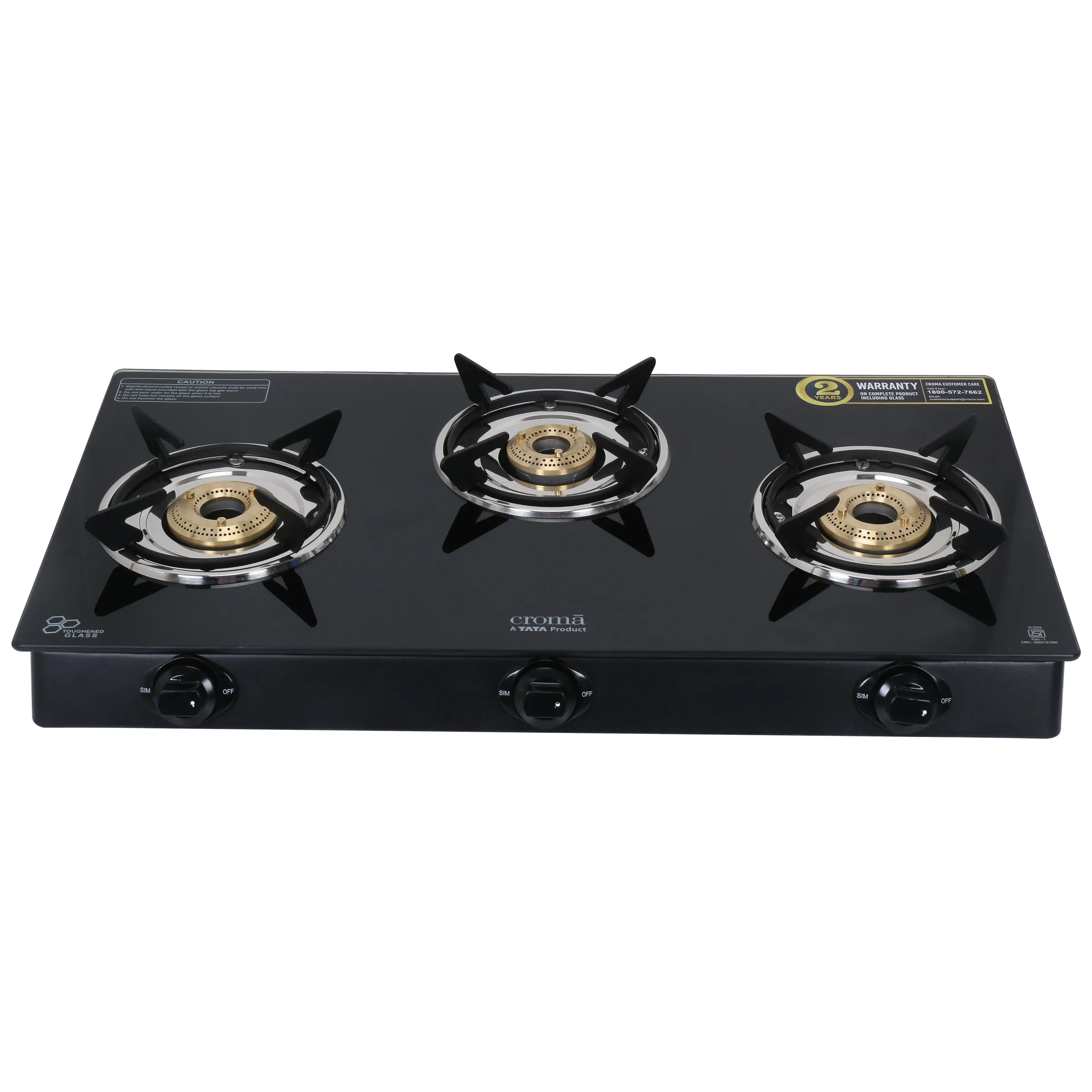Croma Toughened Glass Top 3 Burner Manual Gas Stove (ISI Certified, Black) Croma sale
