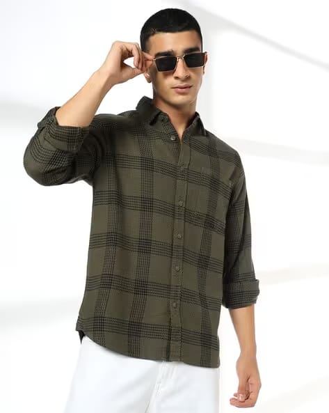 DNMX Men Checked Regular Fit Shirt Olive Green