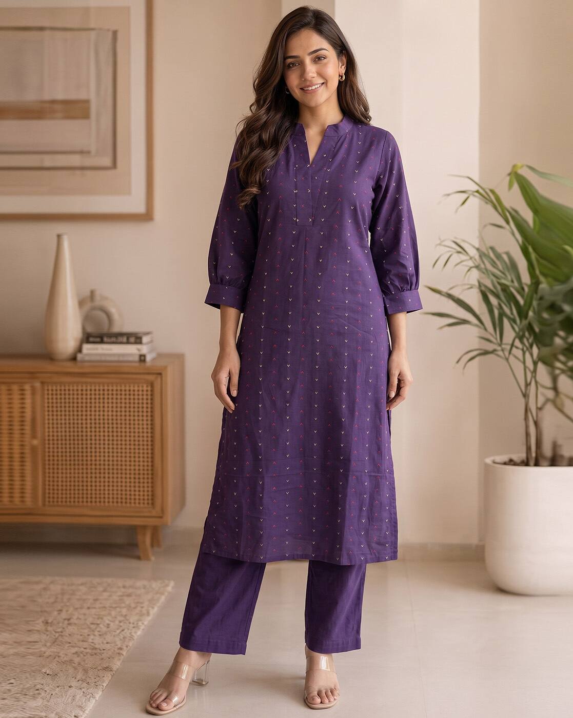 Nyrika Women Embroidered Straight Kurta & Pants Set, Purple AJIO sale
