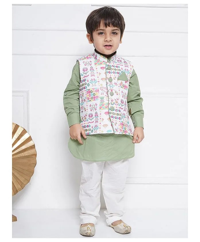 AJ Dezines Cotton Floral Foil Print Kurta Set with Waistcoat FirstCry sale