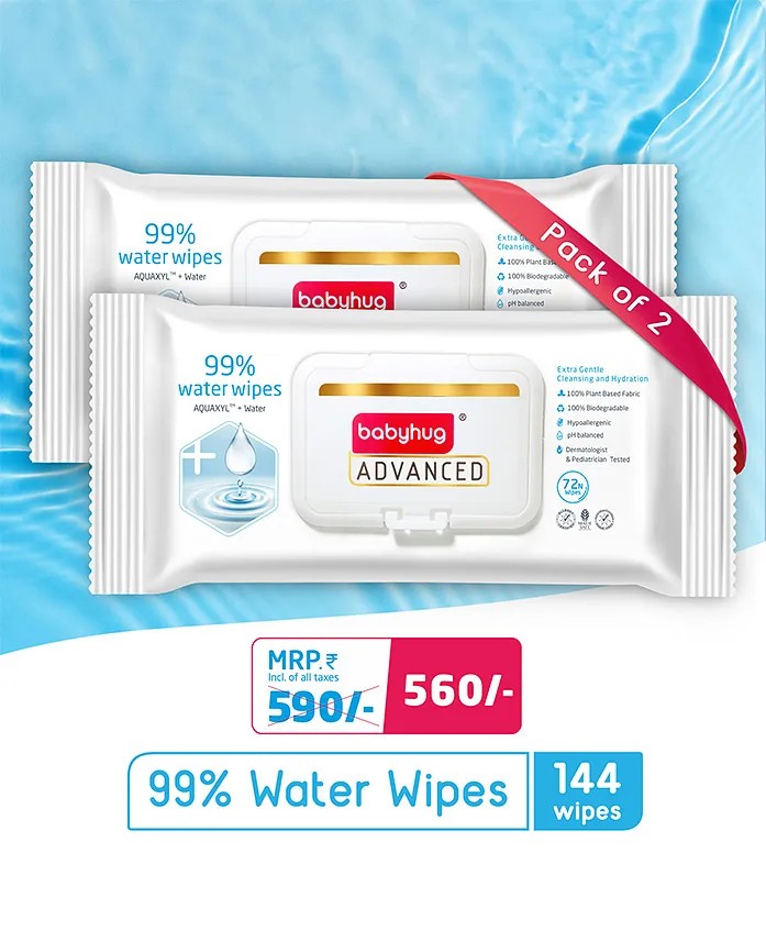 Babyhug Advanced 99% Water Baby Wipes, 2 x 72 FirstCry sale