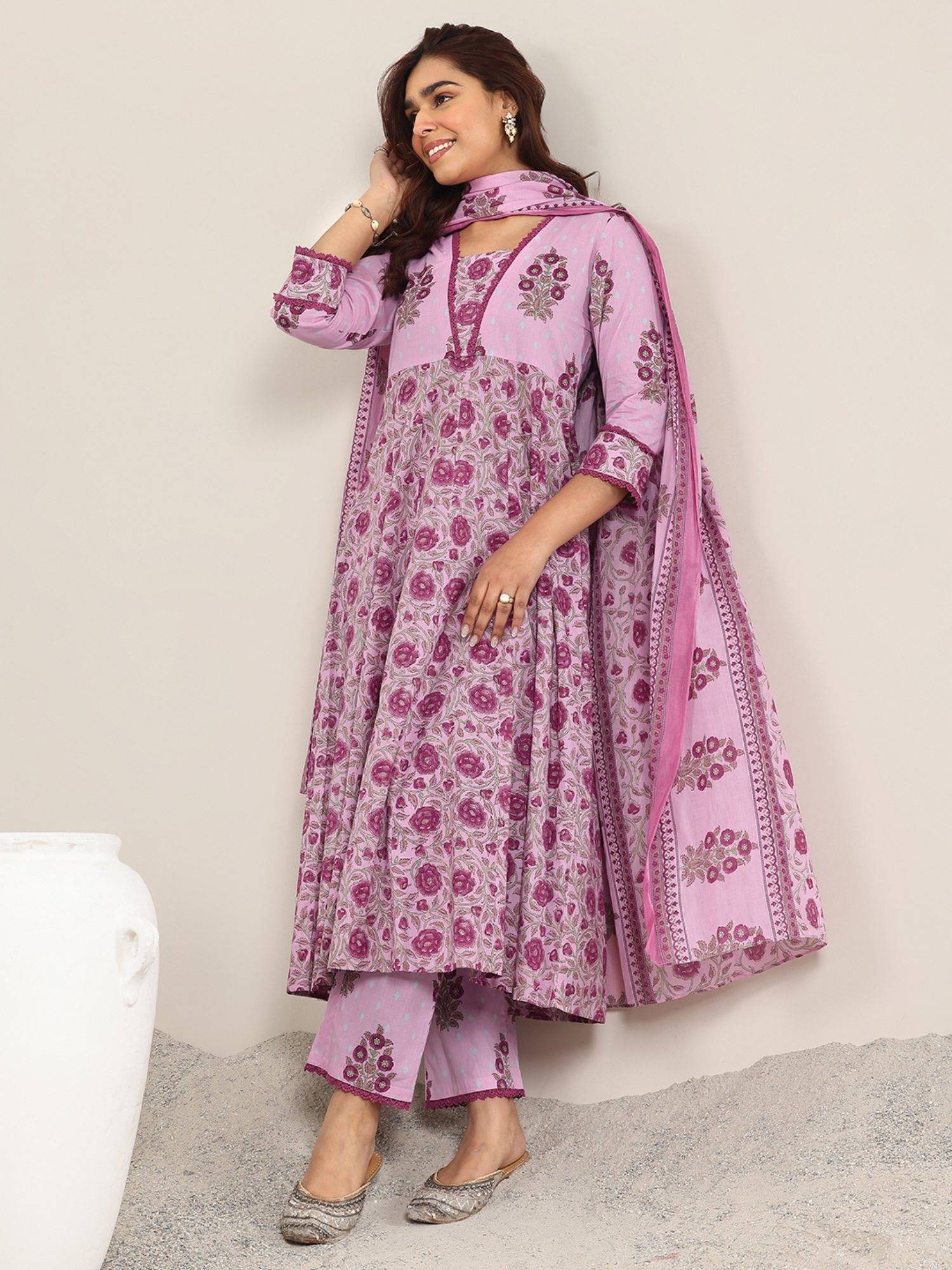Libas Pink Floral Cotton Anarkali Set Nykaa Fashion sale
