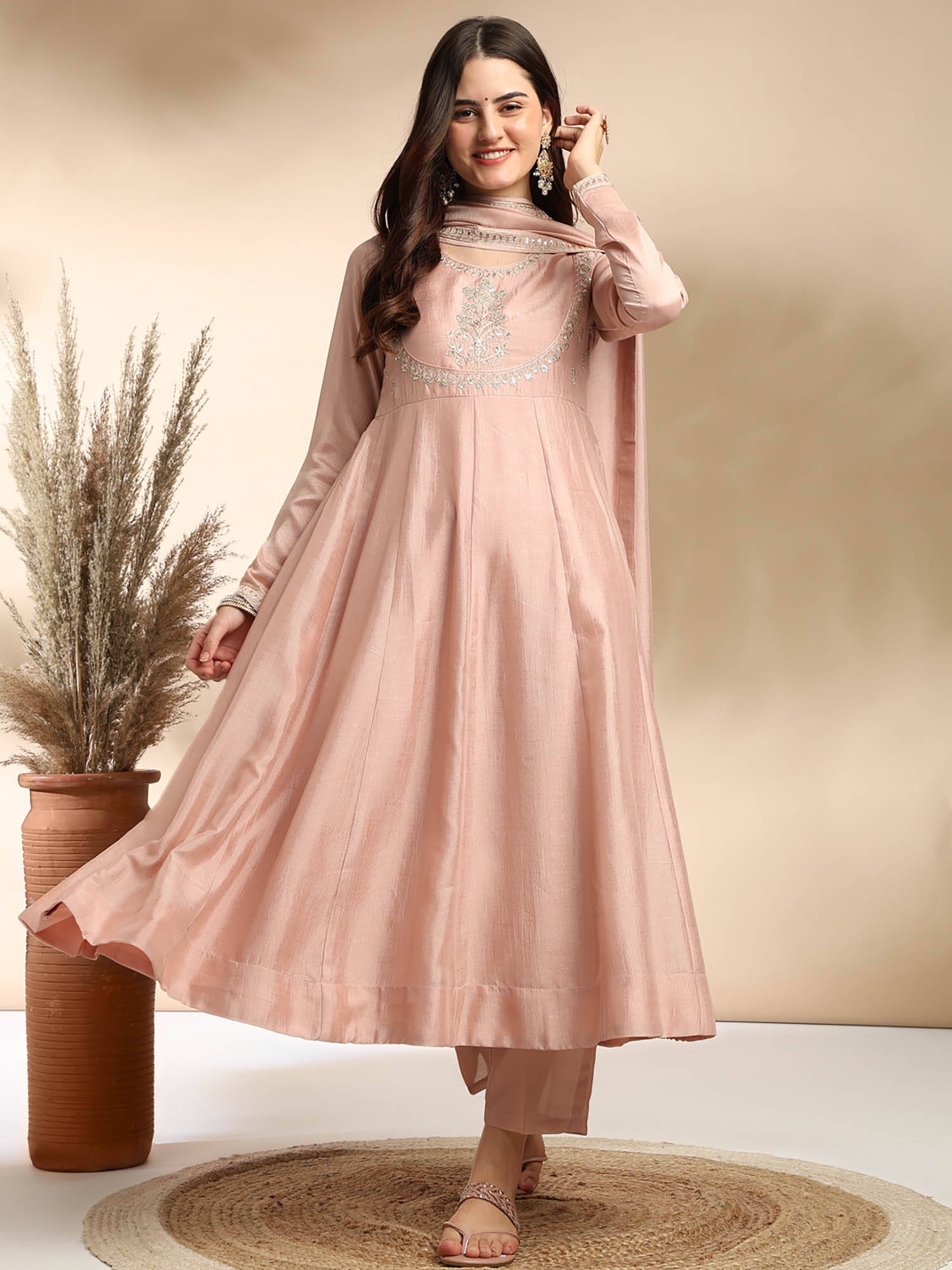 MOKOSH Rose Pink Embroidered Silk Anarkali Set Nykaa Fashion sale