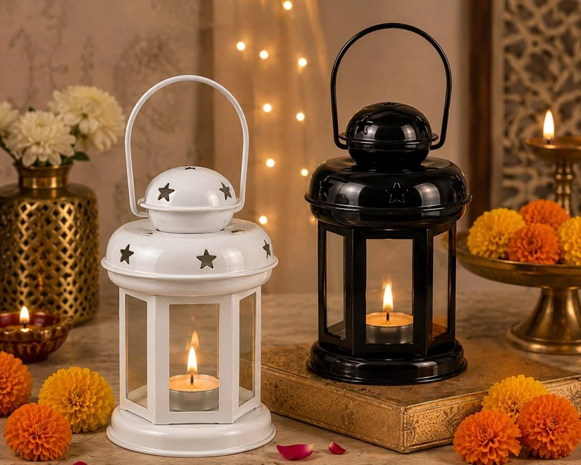 Bhulakkad Set of 2 Metal Decorative Lantern Candle Holders | 1 Black & 1 White for Diwali Bl Flipkart sale
