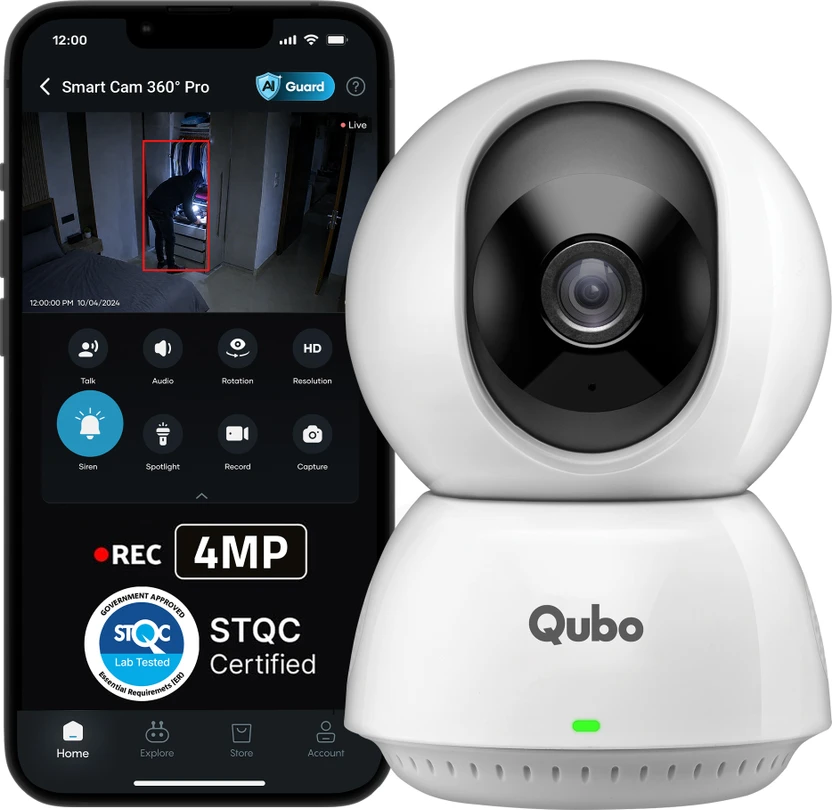 Qubo Smart 360 degree Pro 4MP | AI App Alerts | Alarm |Cloud+SD Storage | Wi-Fi Security Camera Flipkart sale