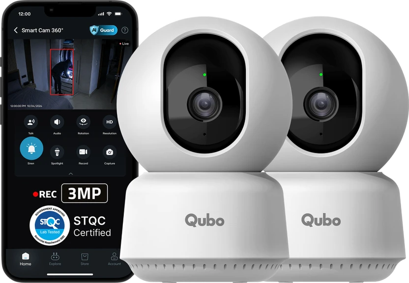 Qubo Smart 360 degree 2K|3MP(Pack of 2)|AI App Alerts|Alarm|Cloud+SD Storage|Wi-Fi Security Cam Flipkart sale