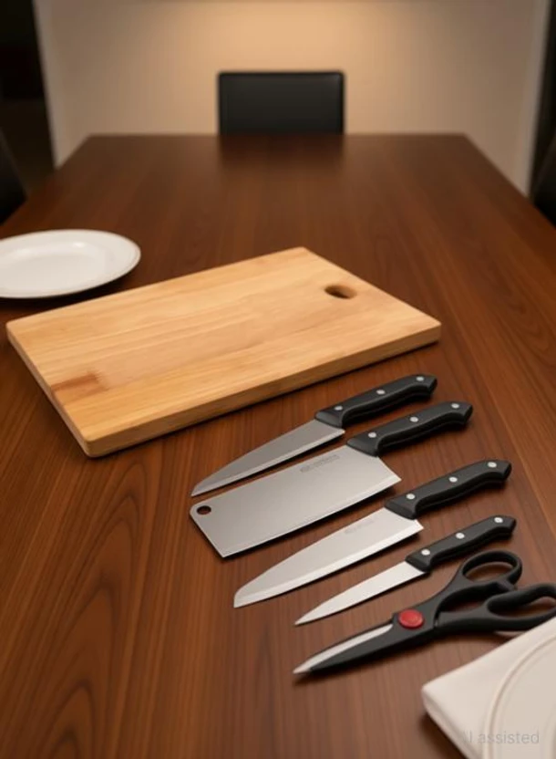 DNJ Wooden Chopping Cutting Board with Stainless Steel Kitchen Knife set and scissor Wooden, St Flipkart sale