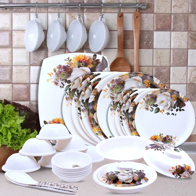 Home-pro Pack of 32 Melamin Dinner set Boss Elegant, Stain Resistant, Beautiful White Floral De Flipkart sale