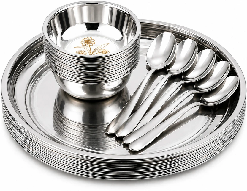 Cimis Pack of 9 Stainless Steel, Silver, Steel Steel Dinner Set Pack of 9, 3 Steel Plate 3 Stee Flipkart sale