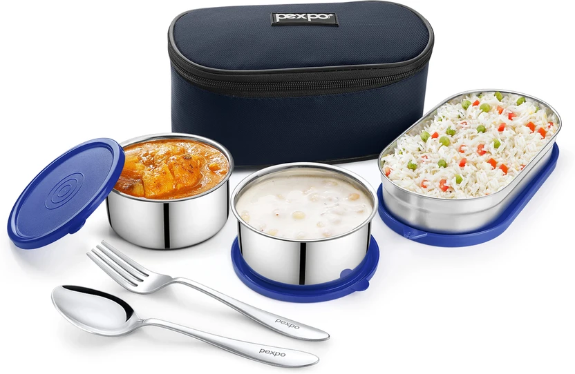 pexpo Delight Steel with 2 Round Containers (2*280ml) and Roti Box (400ml) and Spoon 3 Containe Flipkart sale