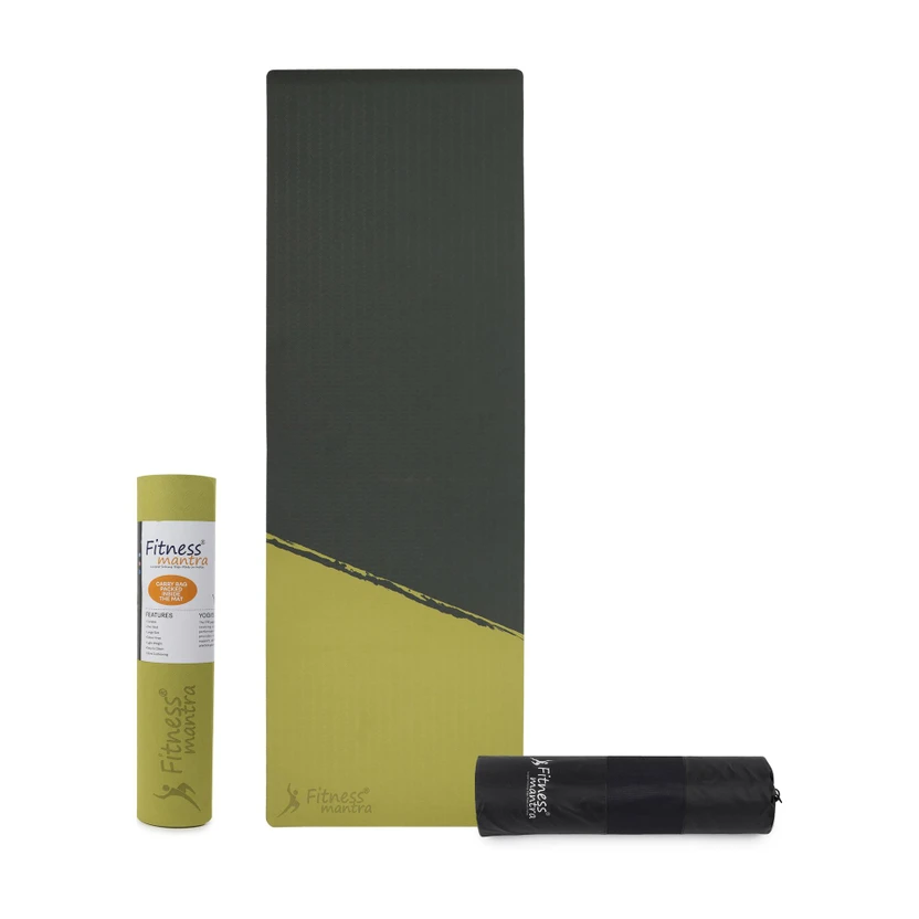 Fitness Mantra TPE 8mm Cross Color Anti-Slip Yoga Mat with Cover Bag| Army + Lemon| 8 mm Yog Flipkart sale