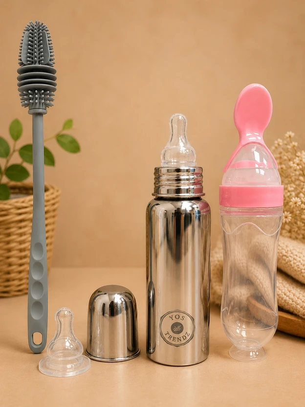 YOS TRENDZ Baby Feeding Combo 250ml Steel Bottle with Food Feeder & Bottle Brush - 250 ml Flipkart sale