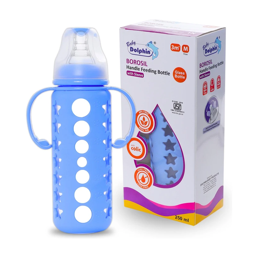 Baby Dolphin Anti-Colic Borosil Glass Feeding Bottle with Handle & Sleeve, Bpa Free - 250 ml Flipkart sale
