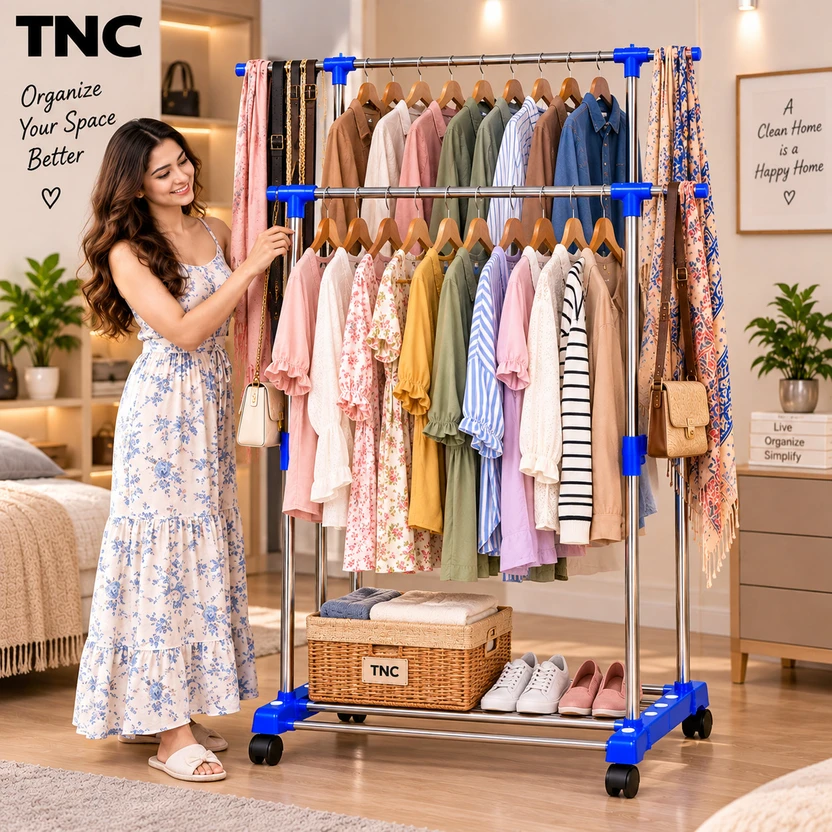 TNC Plastic, Steel Floor Cloth Dryer Stand Heavy Duty Stainless Steel Double Rod Cloth Hange Flipkart sale