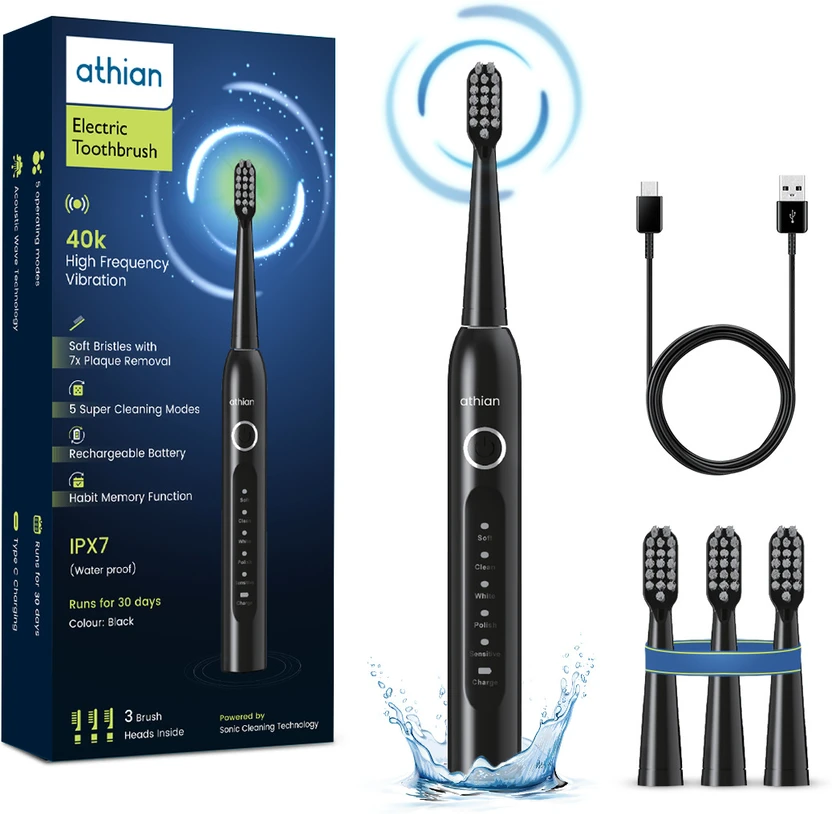 athian Vibe Rechargeable Electric toothbrush with 3 Brush Heads & Sonic Technology Electric Flipkart sale