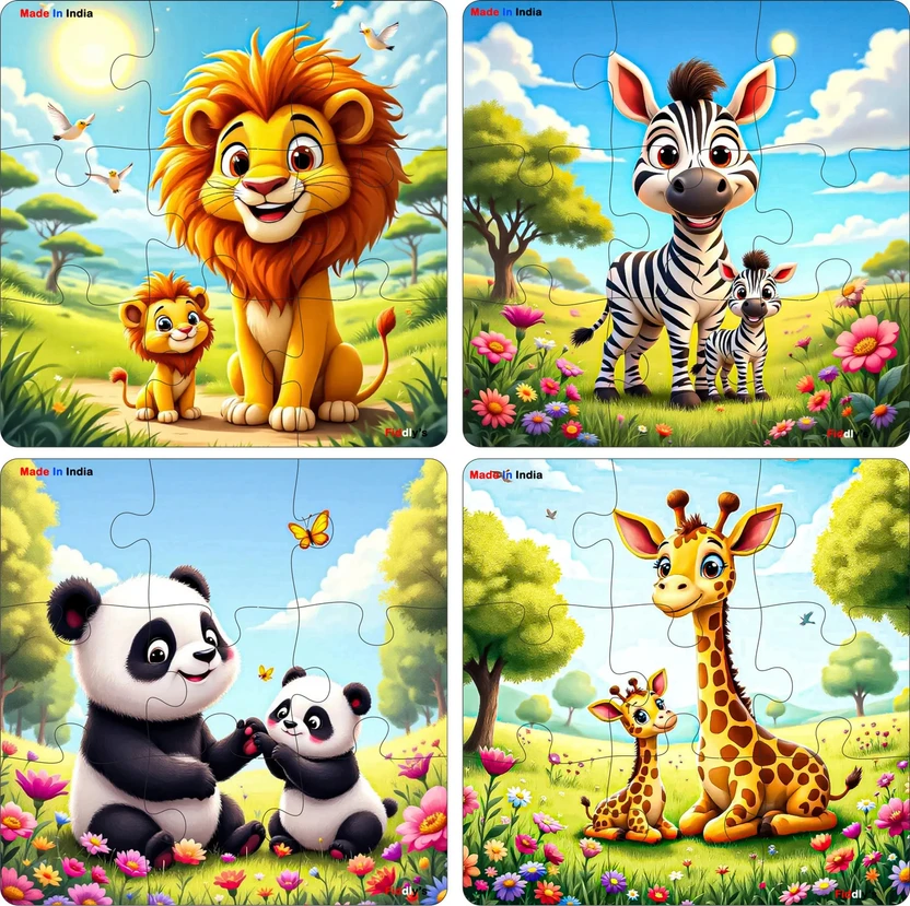 Fiddlys Wooden Jigsaw Puzzle Games for Kids -9 Pieces Age 3+ (Pack of 4 Wild Animal) Flipkart sale