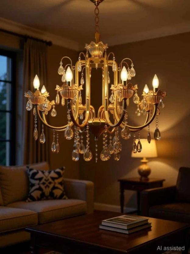 MSM Modern Metal gold polish-6 bulb crystal glass chandelier for hall, (Gold) Chandelier Cei Flipkart sale
