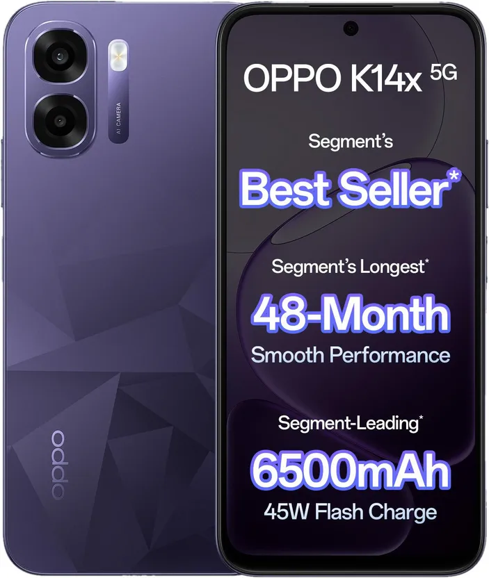 OPPO K14x 5G 6500mAh and 45W SUPERVOOC Charger & AI (Prism Violet, 128 GB) Flipkart sale