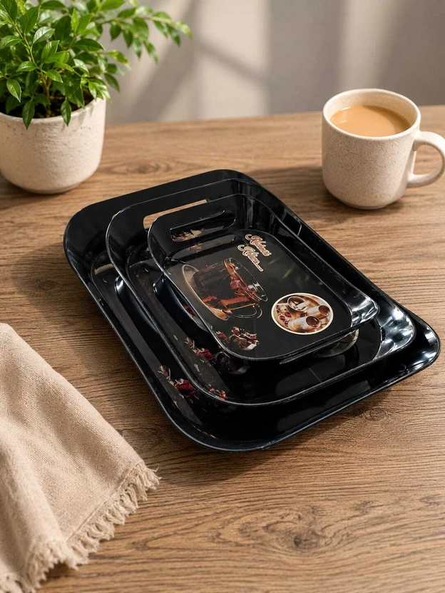 Noventa Premium Plastic Serving Tray Set of 3 | Tea Cup Designer Print Tray Serving Set Flipkart sale