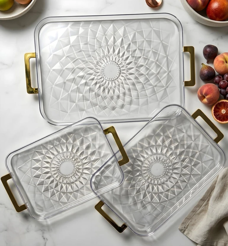 JUICIQ Crystal Serving Tray Set with Gold Handles Clear Party Platter Decor Tray Flipkart sale