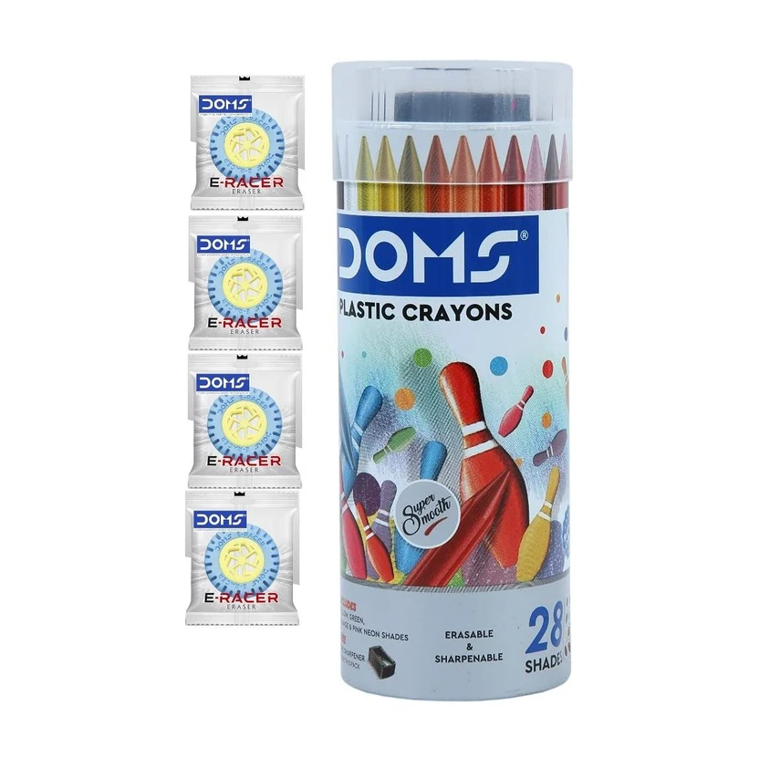 DOMS 28 Shades Erasable Plastic Crayons Round Tin Box WITH 4 ERACER ERASER Flipkart sale
