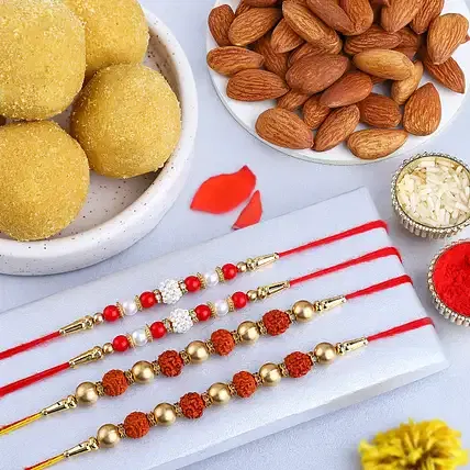 Pearls and Rudraksha Rakhi Delight (Bhaiya-Bhabhi Set) FNP sale