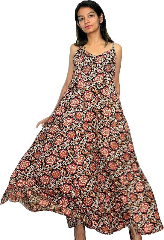 Geroo Jaipur White and Red Floral Hand Block Printed Cotton Dress
